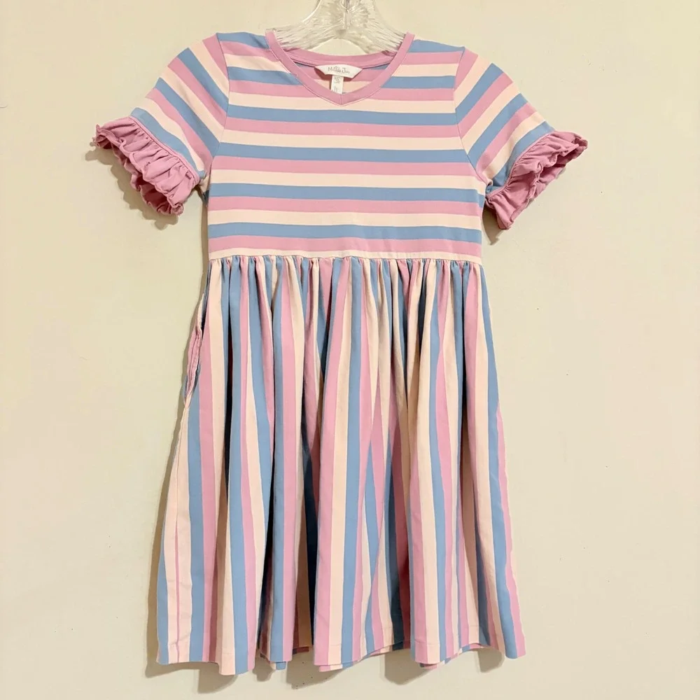 Matilda Jane Girls Emery Pink Blue Striped Ruffle Sleeve Dress Size 10 32005D